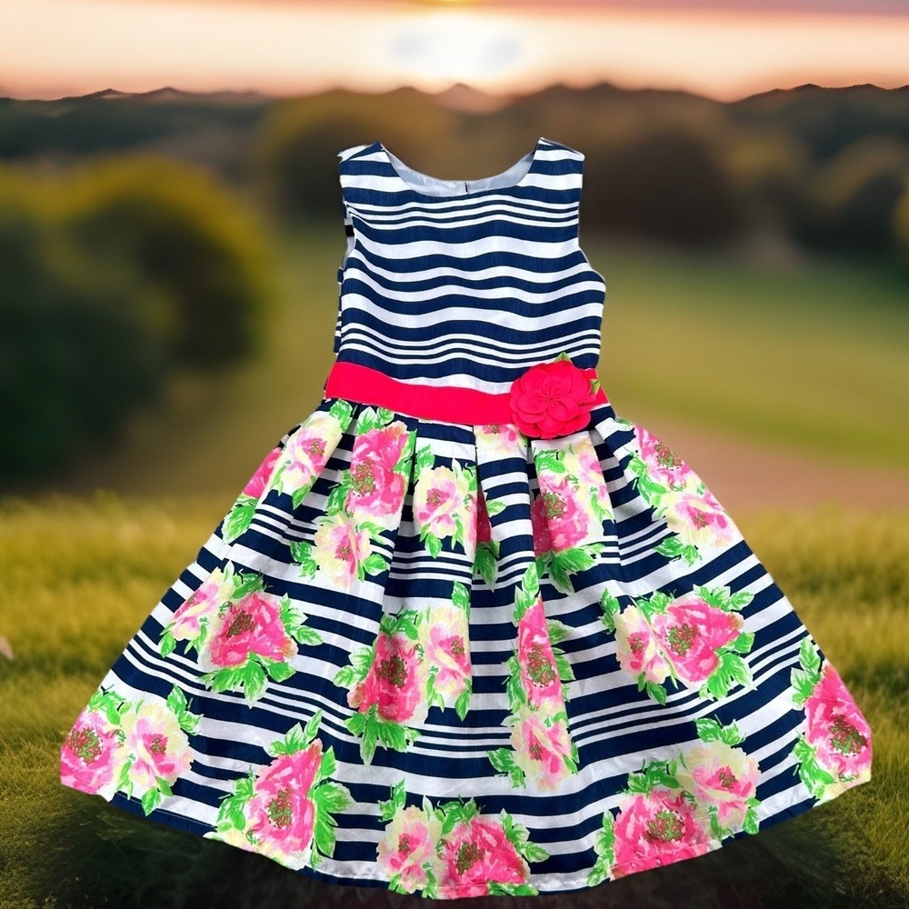 Jona Michelle Girls Dress Fit & Flare 7 Blue Pink Floral Striped Easter Party